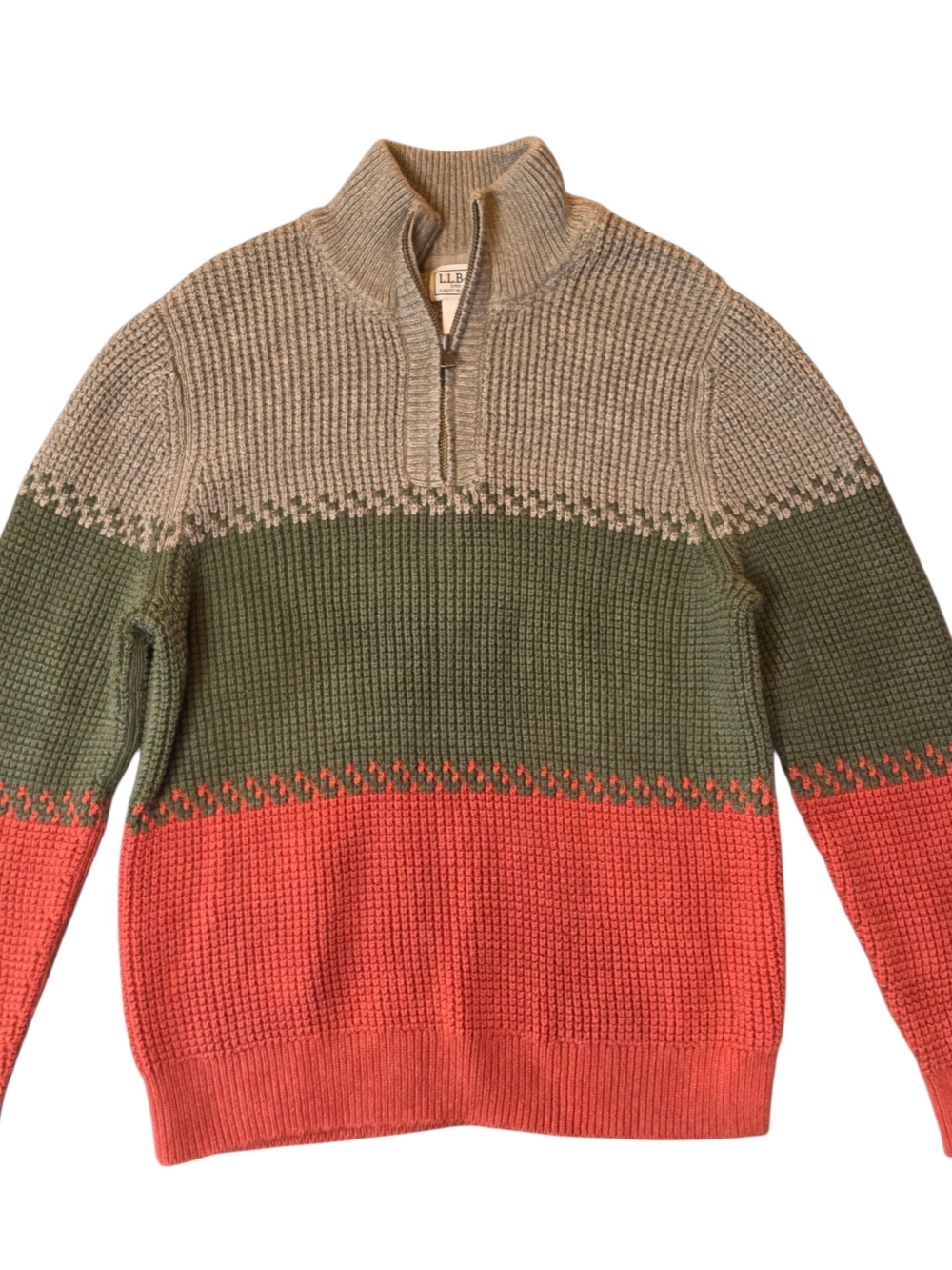 L.L.Bean Mens Tri-Color Block Quarter-Zip Waffle Knit Sweater Medium Gorpcore
